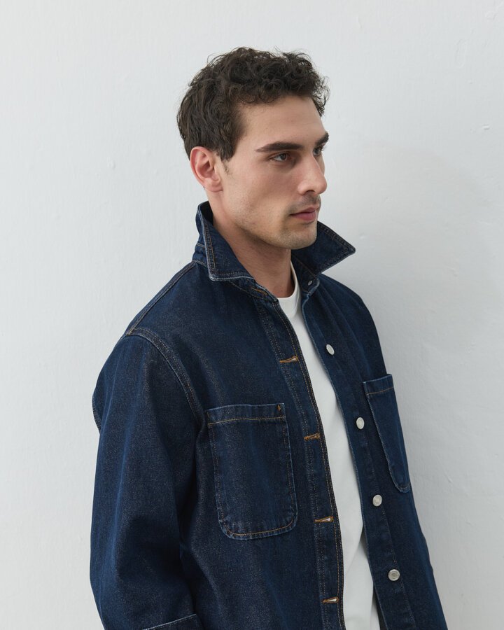 Erkek Unisex Çift Cepli Jean Ceket Koyu Lacivert - Aybikestil (1)