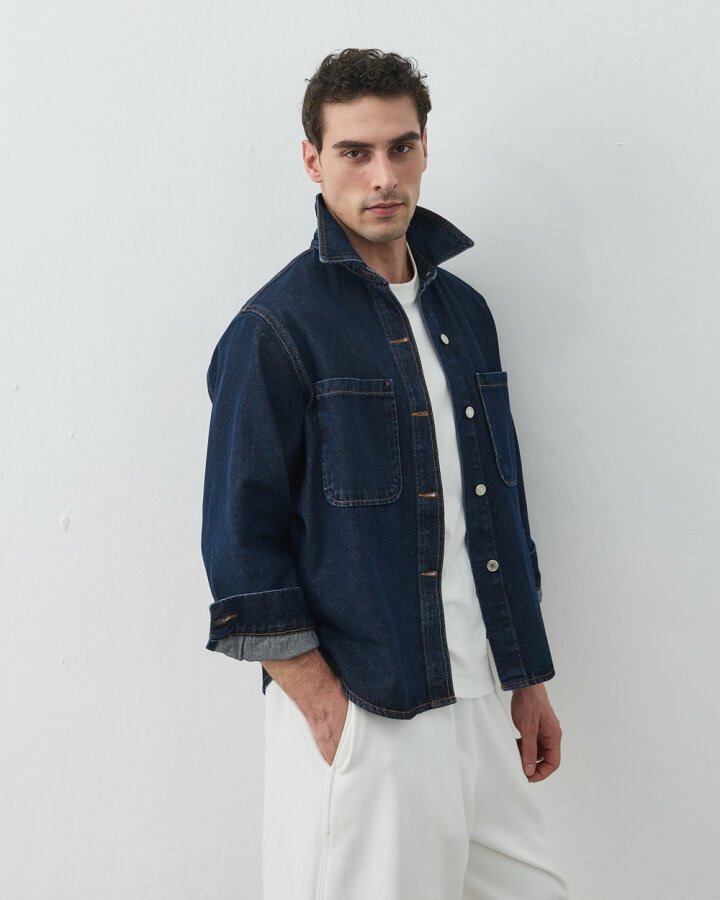 Erkek Unisex Çift Cepli Jean Ceket Lacivert - Aybikestil (1)