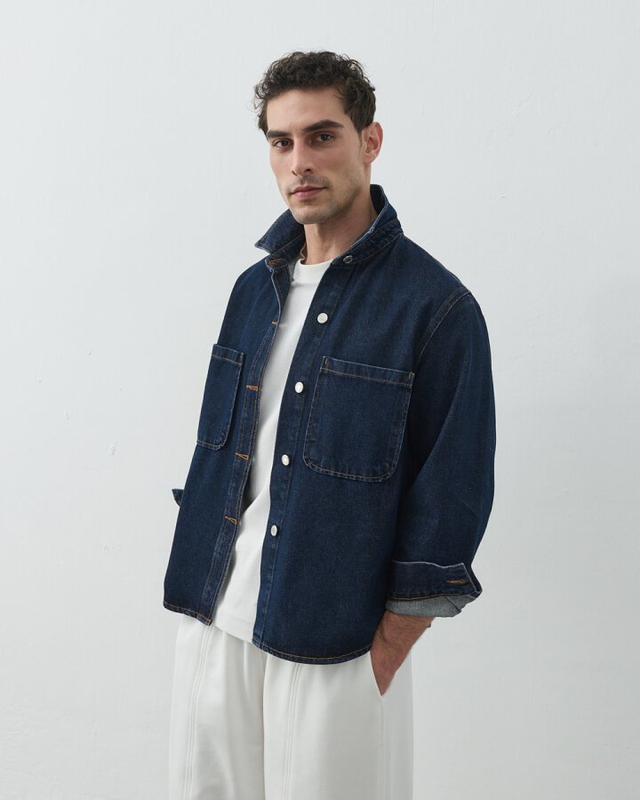 Erkek Unisex Çift Cepli Jean Ceket Lacivert - Aybikestil (1)