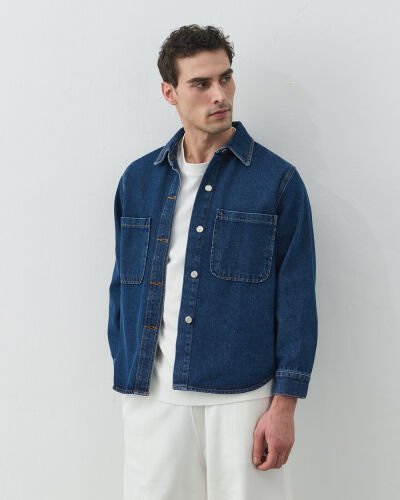 Erkek Unisex Çift Cepli Jean Ceket Mavi 