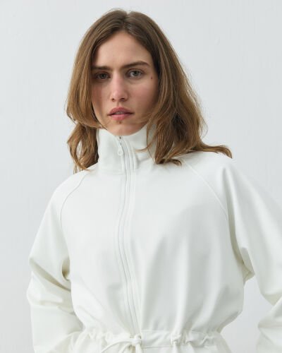 Fitilli Diagonal Fermuarlı Kalkık Yaka Belden Tünelli Ceket Ekru - Aybikestil (1)