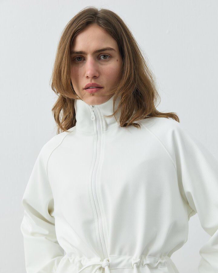 Fitilli Diagonal Fermuarlı Kalkık Yaka Belden Tünelli Ceket Ekru - Aybikestil (1)