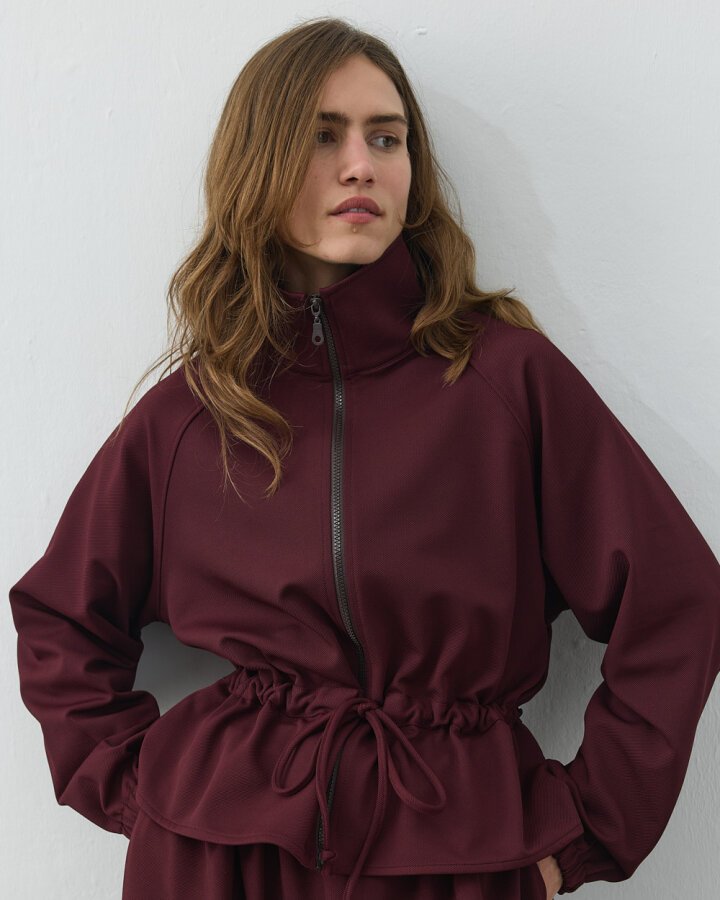 Fitilli Diagonal Fermuarlı Kalkık Yaka Belden Tünelli Ceket Mürdüm - Aybikestil (1)