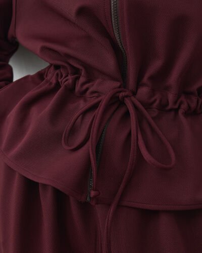 Fitilli Diagonal Fermuarlı Kalkık Yaka Belden Tünelli Ceket Mürdüm - Aybikestil (1)