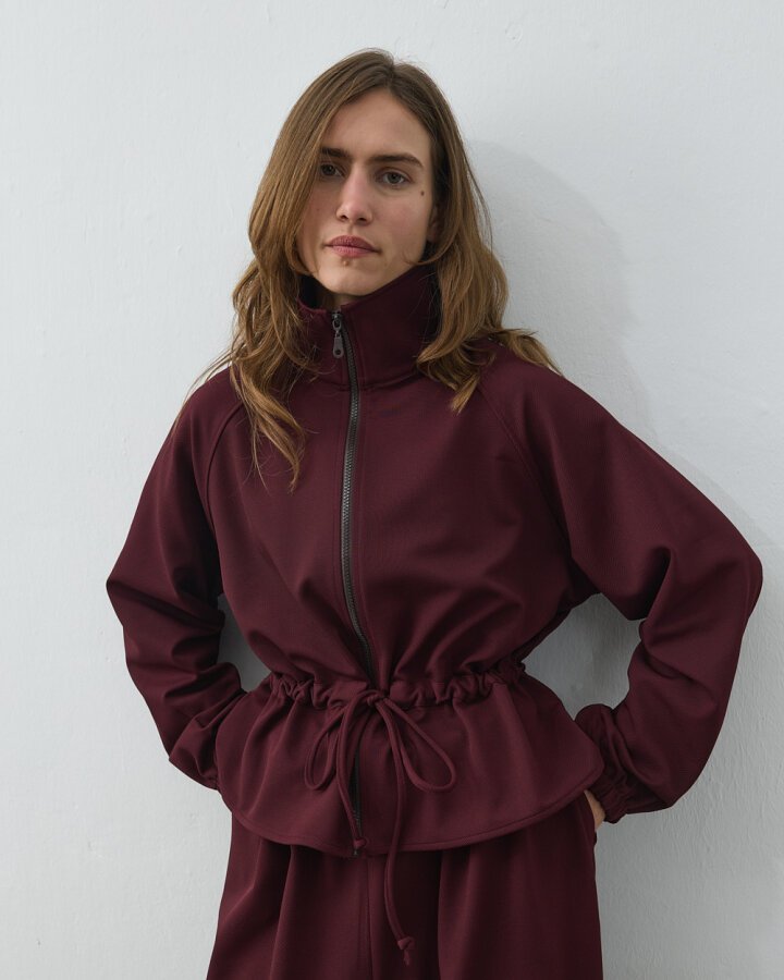 Fitilli Diagonal Fermuarlı Kalkık Yaka Belden Tünelli Ceket Mürdüm - Aybikestil