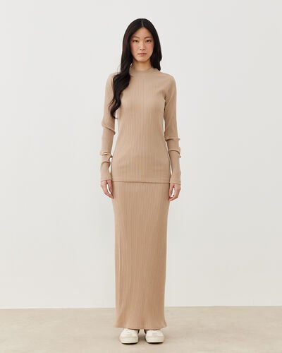 Kalın Fitilli Penye Düz Dar Uzun Kalem Etek Latte - Aybikestil (1)