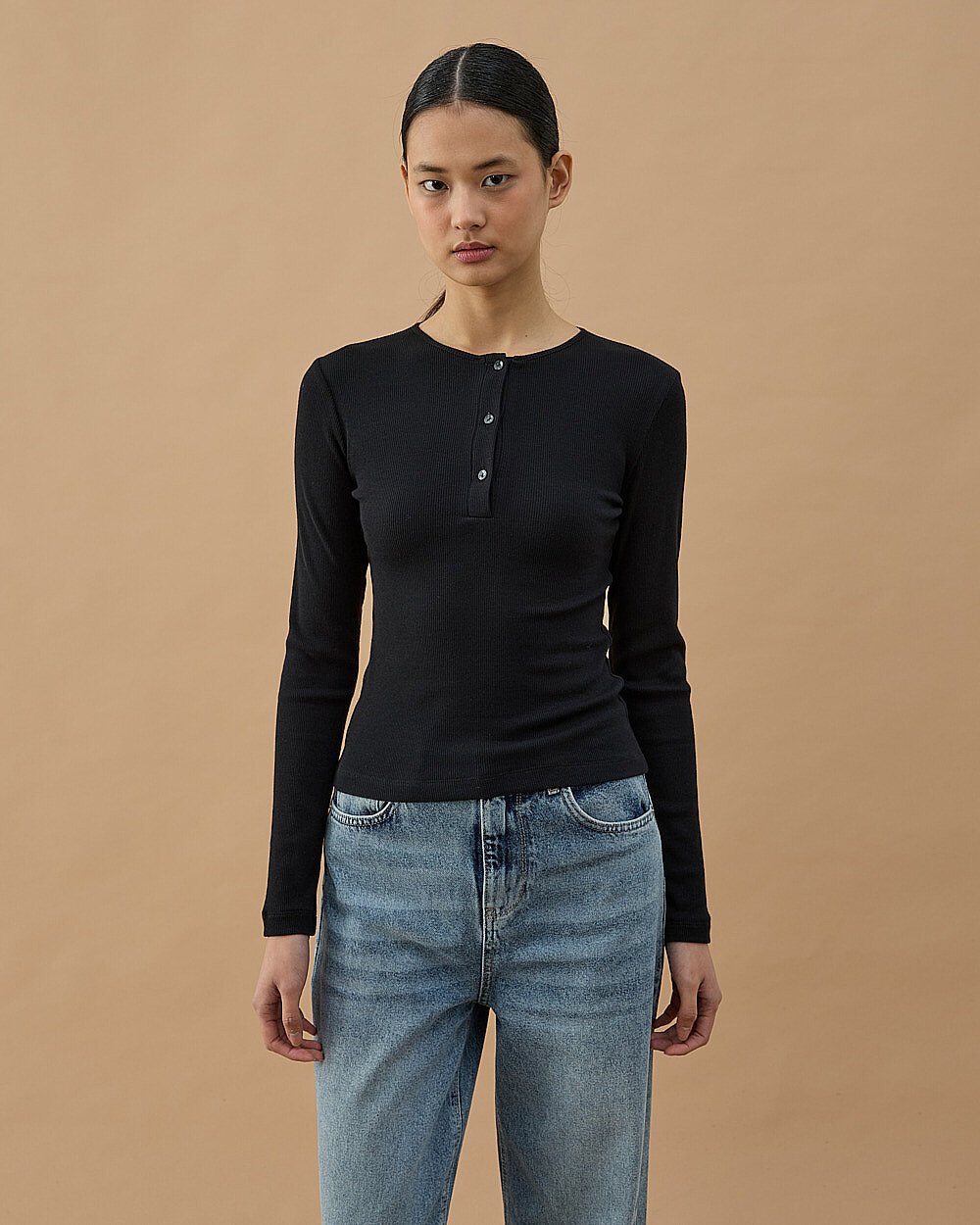 Fitilli Penye Kaşkorse Patlı Düğmeli Uzun Kollu Slim Fit Body Siyah - Aybikestil