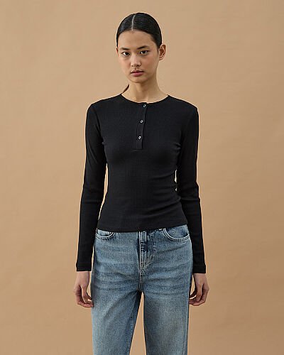 Fitilli Penye Kaşkorse Patlı Düğmeli Uzun Kollu Slim Fit Body Siyah 