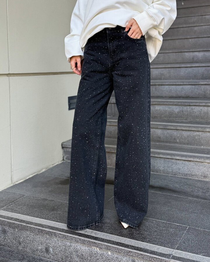 Full Taşlı Wide Leg Jean Füme