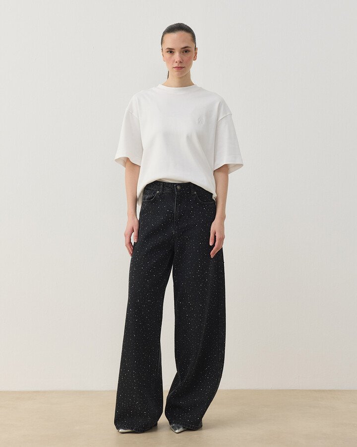 Full Taşlı Wide Leg Jean Füme