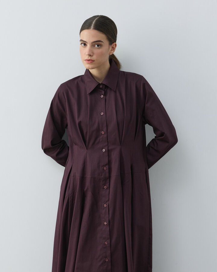 Gabardin Belden Kup Ve Pile Detaylı Elbise Mürdüm - (1)