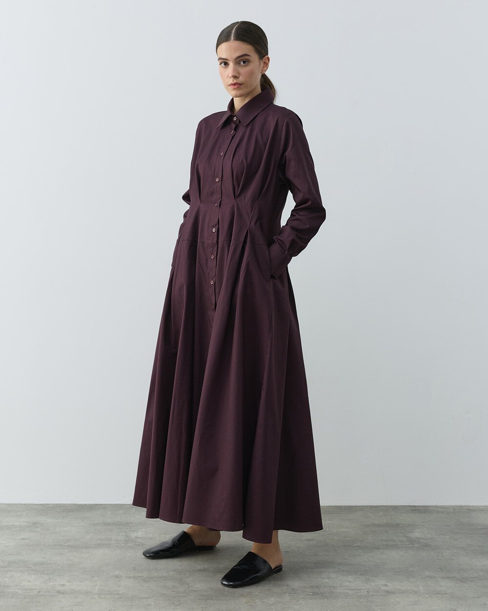 Gabardin Belden Kup Ve Pile Detaylı Elbise Mürdüm - 