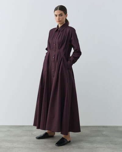 Gabardin Belden Kup Ve Pile Detaylı Elbise Mürdüm 