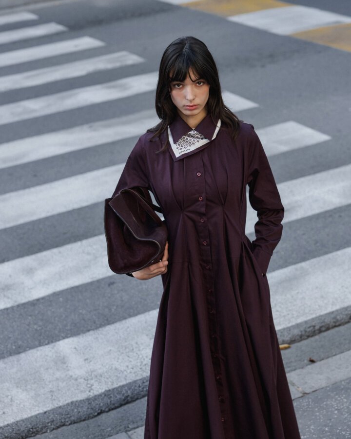 Paper Gabardin Belden Kup Ve Pile Detaylı Elbise Mürdüm - Aybikestil (1)