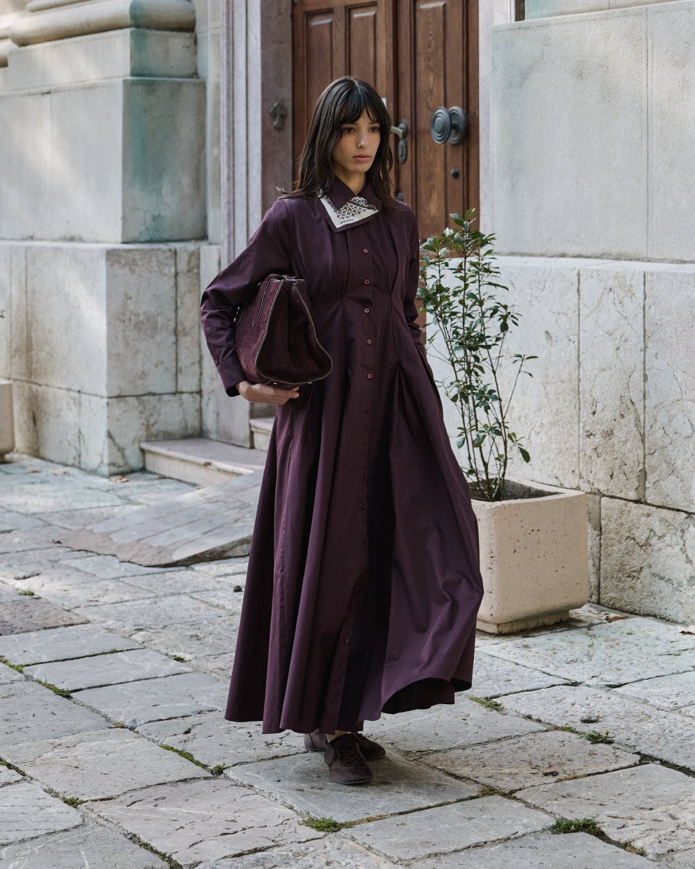 Paper Gabardin Belden Kup Ve Pile Detaylı Elbise Mürdüm - Aybikestil