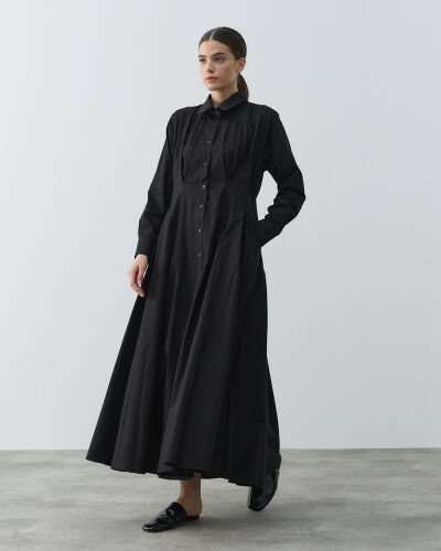 Gabardin Belden Kup Ve Pile Detaylı Elbise Siyah 