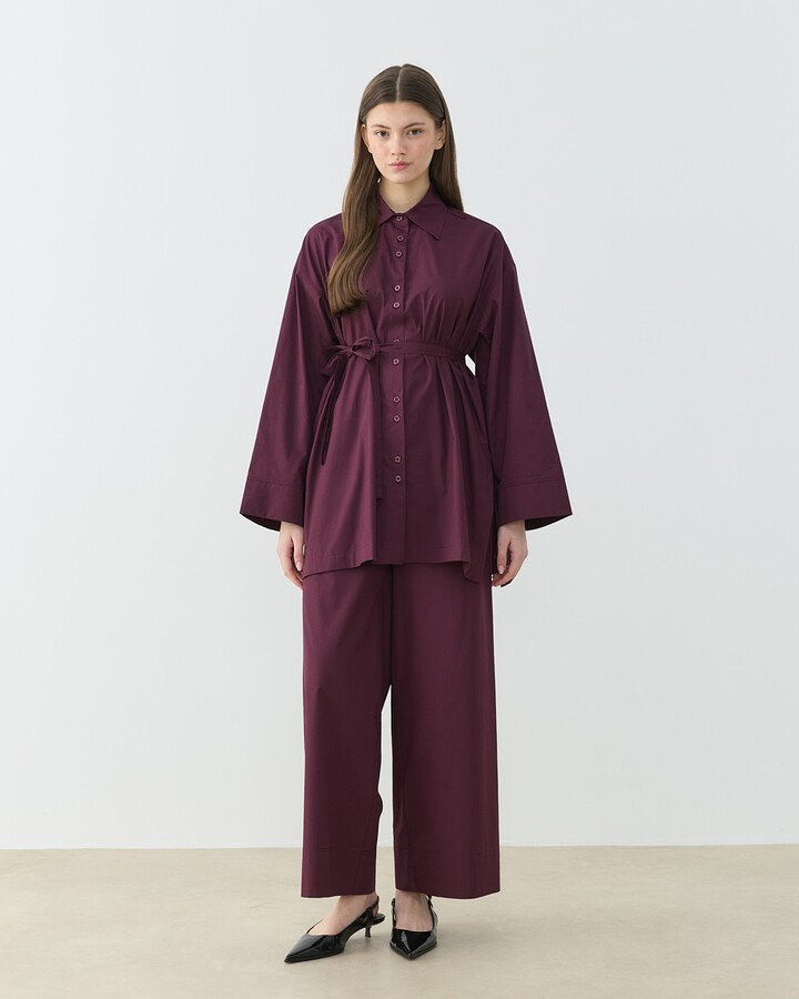 Poplin Culotte Pantolon Gömlek Takım Bordo