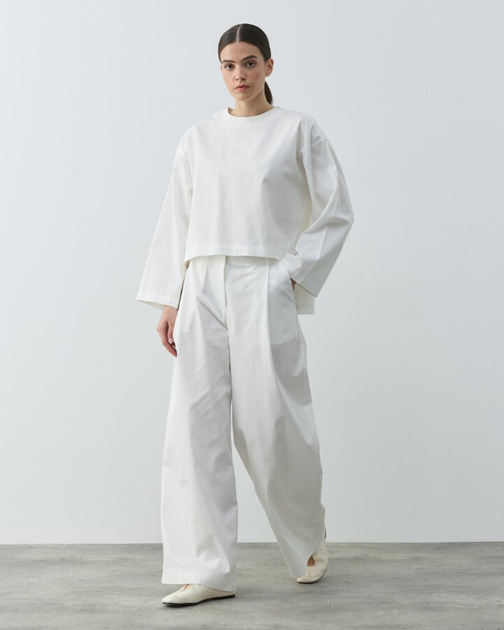 Gabardin Tek Pileli Wide Leg Pantolon Ekru - Aybikestil (1)