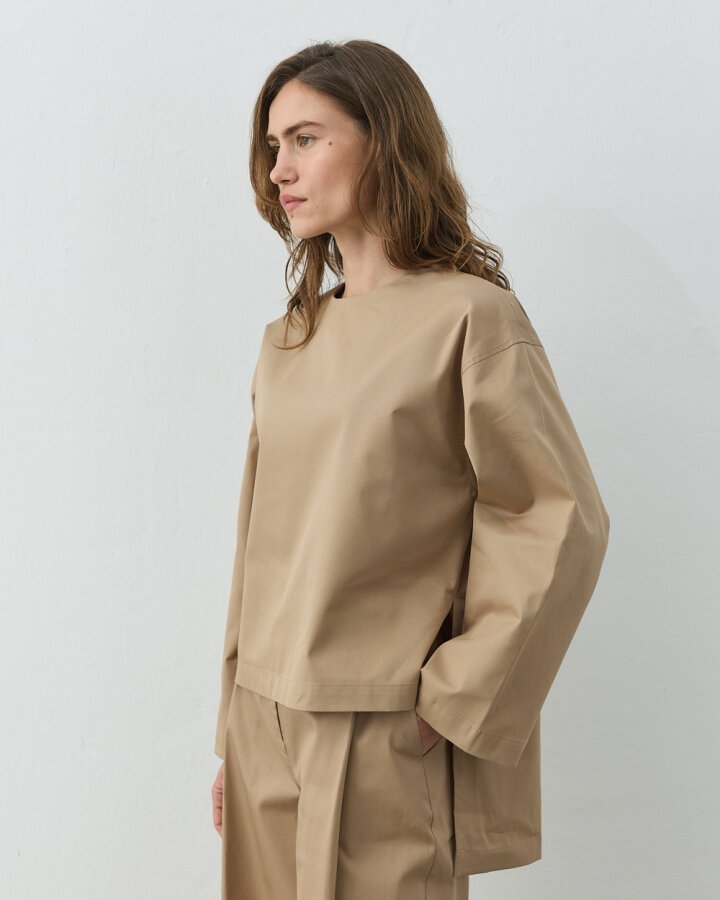 Gabardin Yırtmaçlı Basic Bluz Camel - Aybikestil