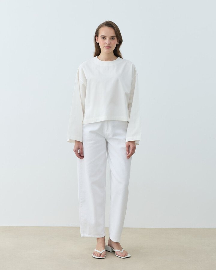 Gabardin Yırtmaçlı Basic Bluz Ekru