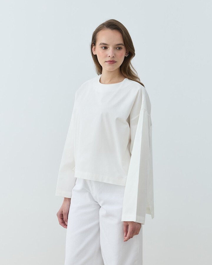 Gabardin Yırtmaçlı Basic Bluz Ekru