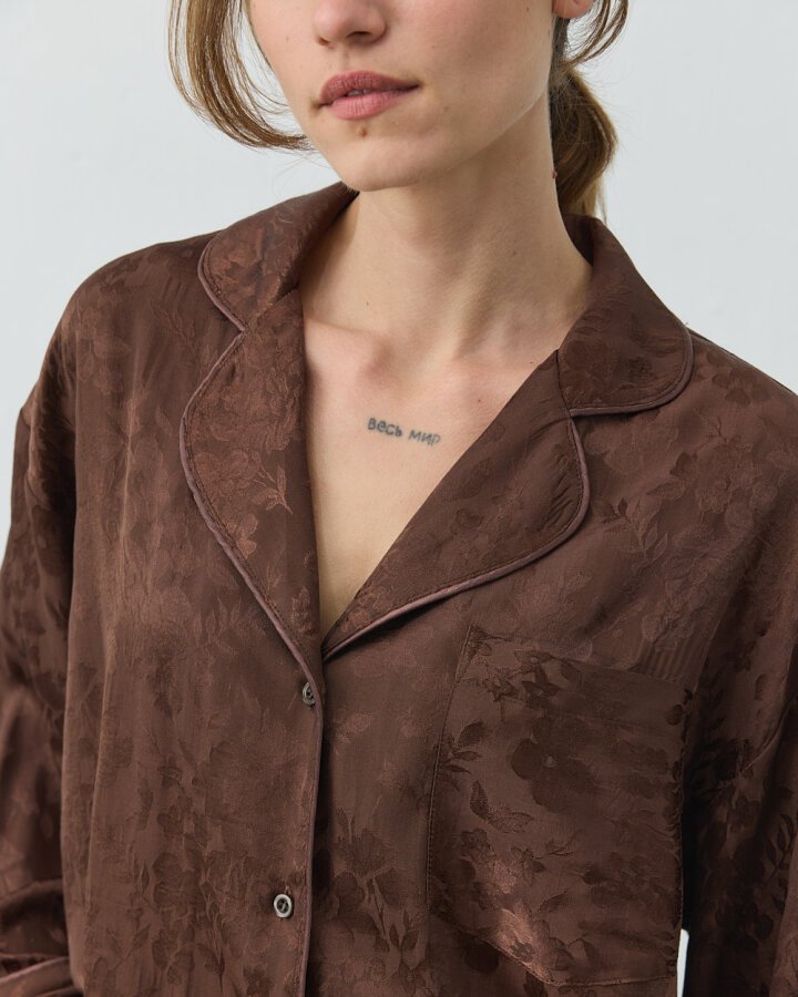 Jakarlı Gömlekli Biyeli Pijama Takımı Kahve - Aybikestil (1)