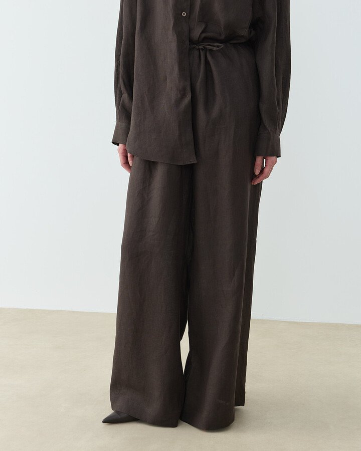 Keten Beli İpli Bol Wide Leg Pantolon Acı Kahve
