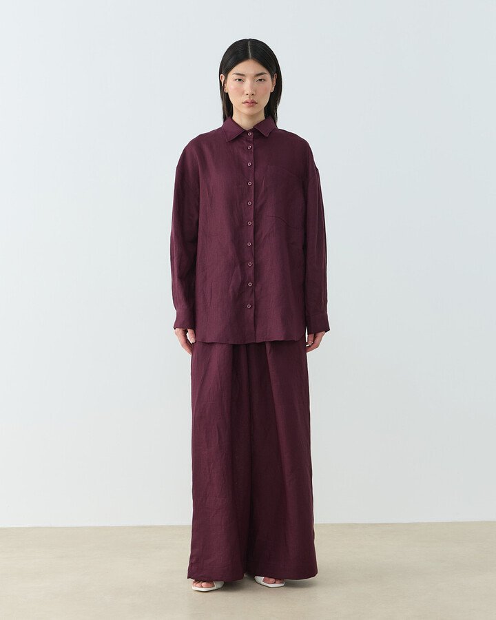 Keten Beli İpli Bol Wide Leg Pantolon Bordo - Aybikestil (1)