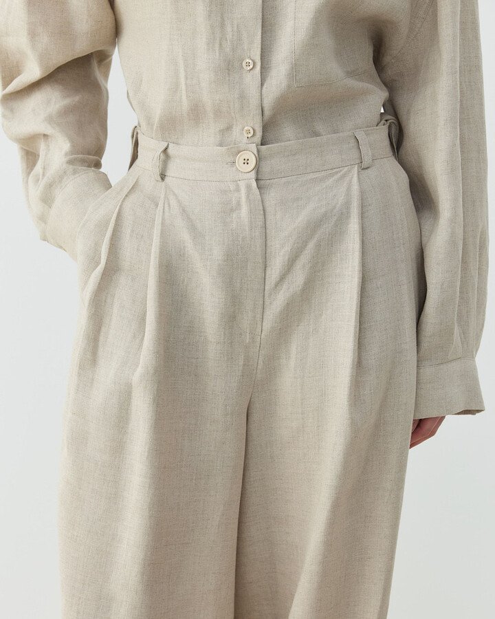 Keten Çift Pileli Barrel Fit Pantolon Natural