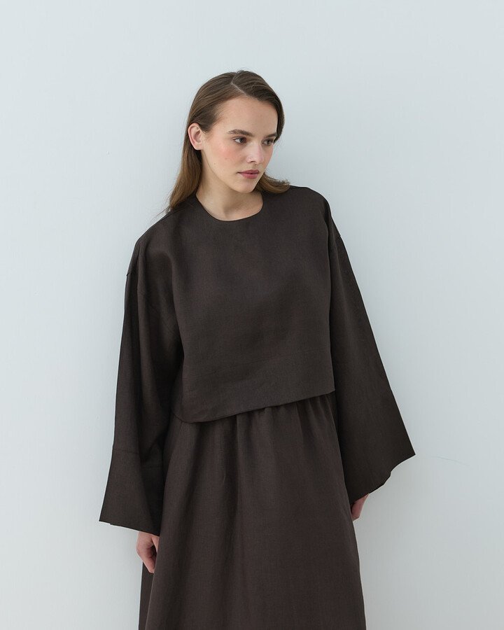 Keten Crop Bluz Acı Kahve