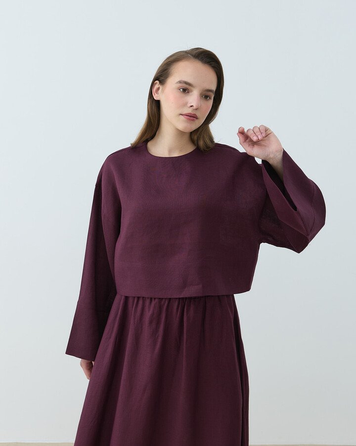 Keten Crop Bluz Bordo