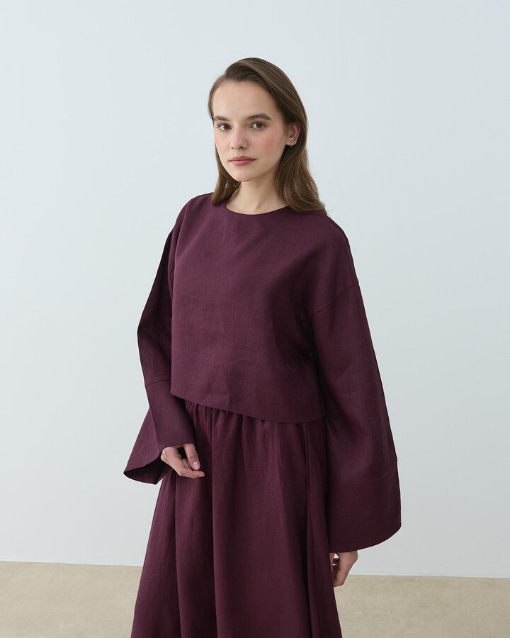 Keten Crop Bluz Bordo
