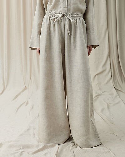 Keten Geniş Katlamalı Bol Paça Pantolon Natural 