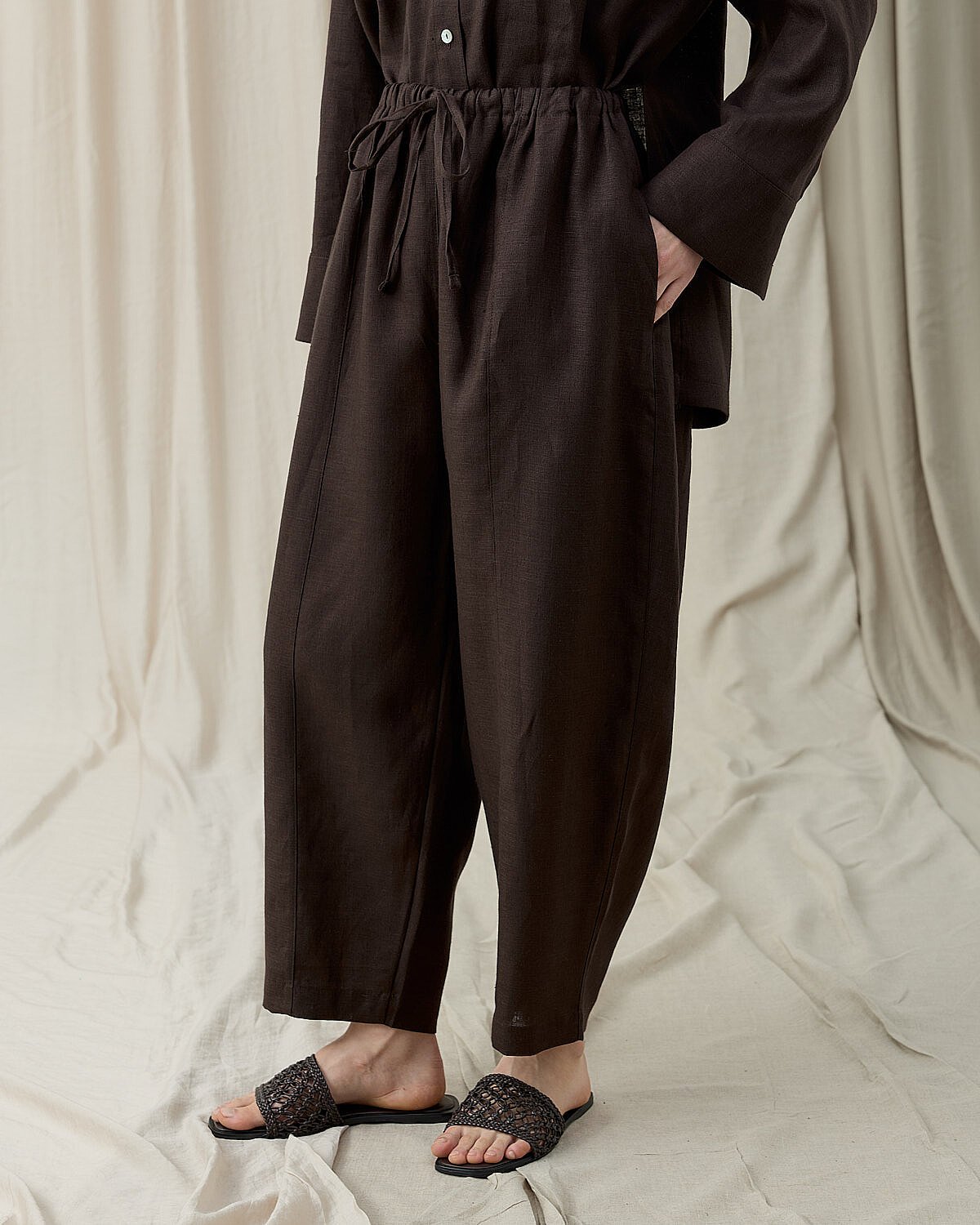 Keten Loose Fit Dikişli Pantolon Acı Kahve - Aybikestil