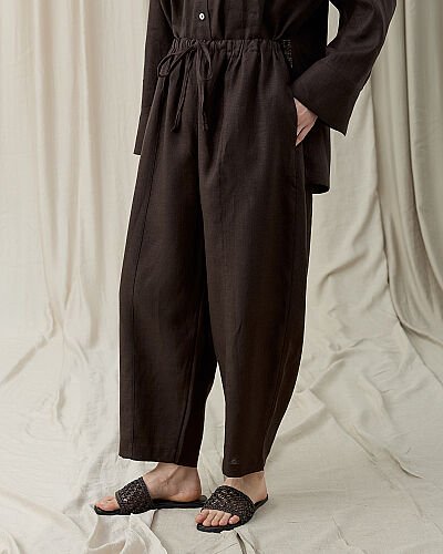 Keten Loose Fit Dikişli Pantolon Acı Kahve 