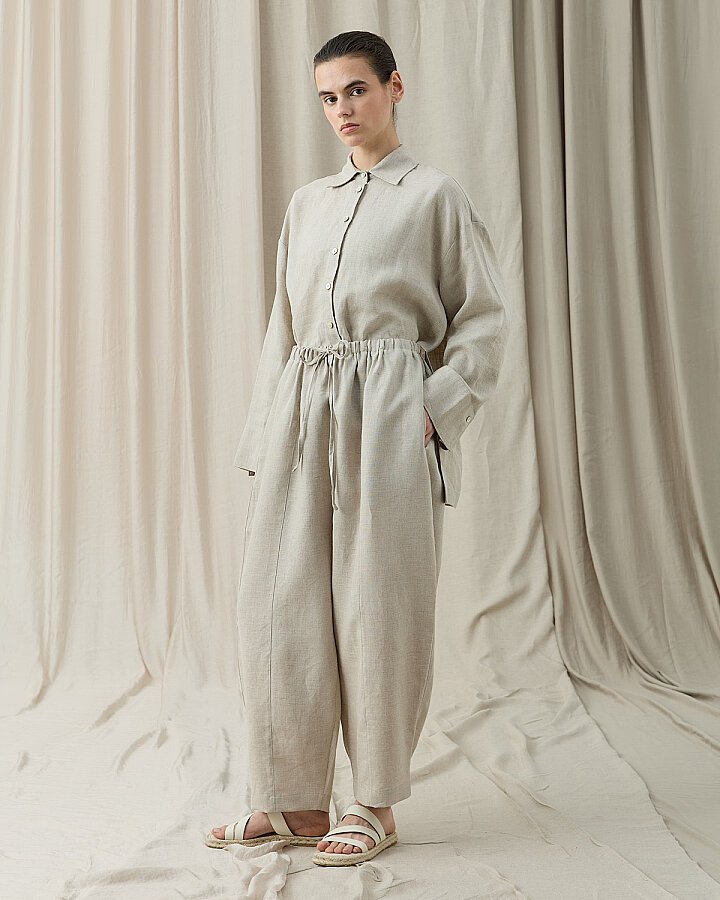 Keten Loose Fit Dikişli Pantolon Natural - Aybikestil (1)