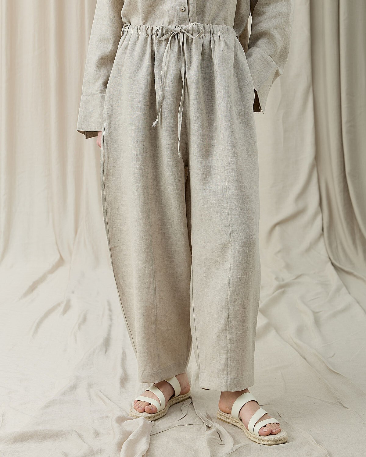 Keten Loose Fit Dikişli Pantolon Natural - Aybikestil