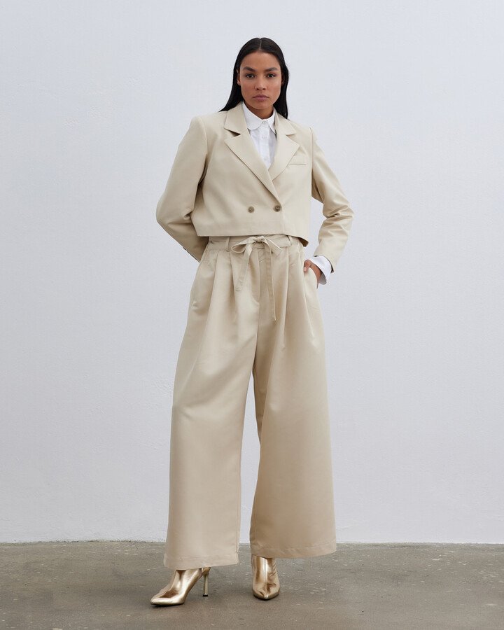 Bol Paça Pileli Relaxed Fit Pantolon Krem