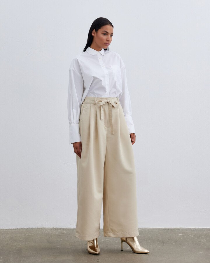Bol Paça Pileli Relaxed Fit Pantolon Krem