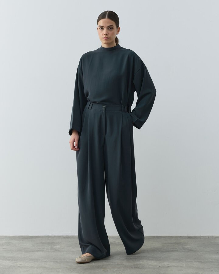 Krep Çift Pileli Palazzo Pantolon Haki - (1)