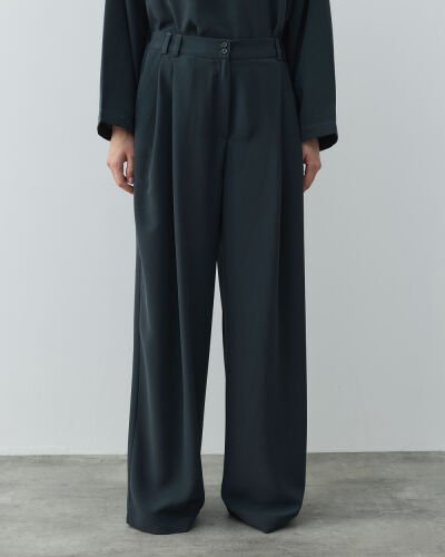 Krep Çift Pileli Palazzo Pantolon Haki 