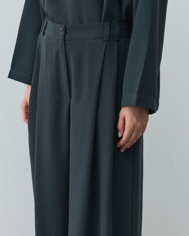 Krep Çift Pileli Palazzo Pantolon Haki - (1)