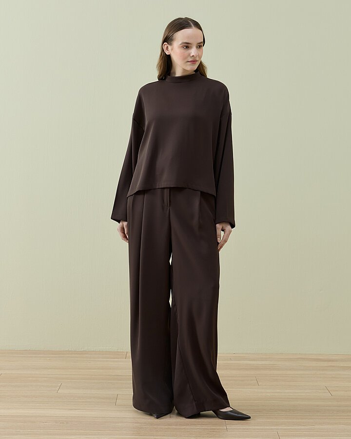 Krep Çift Pileli Palazzo Pantolon Kahve - Aybikestil (1)
