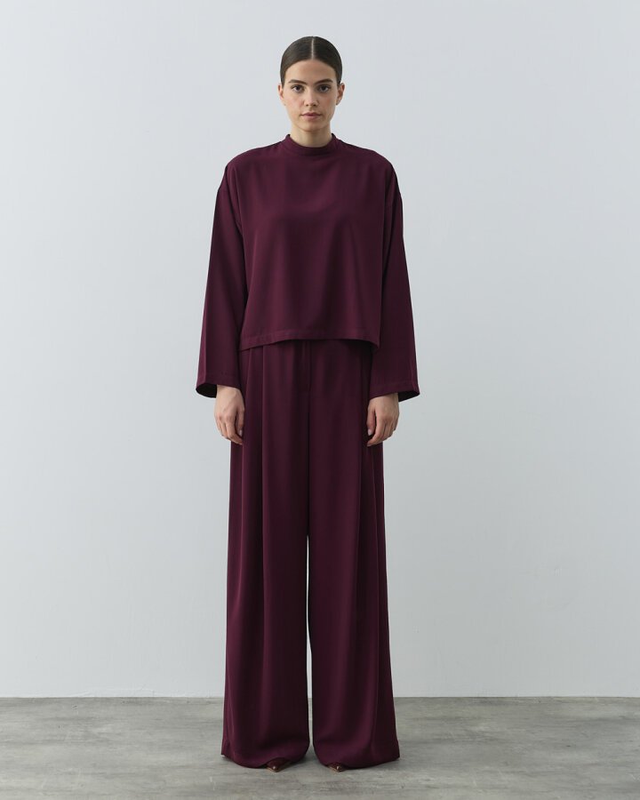 Krep Çift Pileli Palazzo Pantolon Mürdüm - (1)