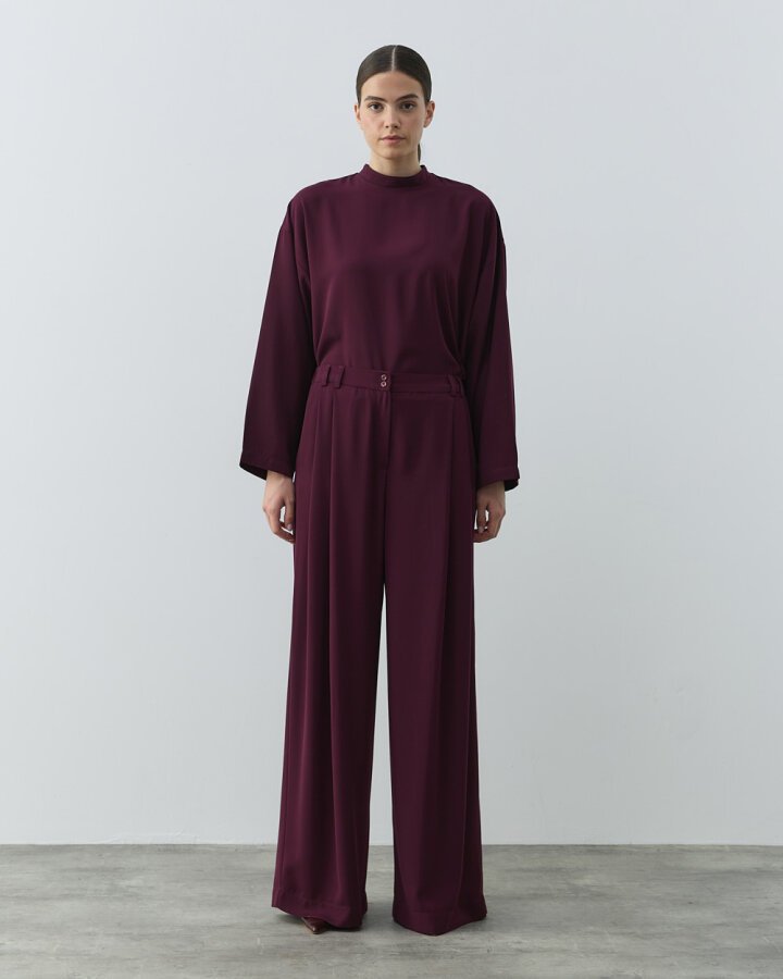 Krep Çift Pileli Palazzo Pantolon Mürdüm - (1)