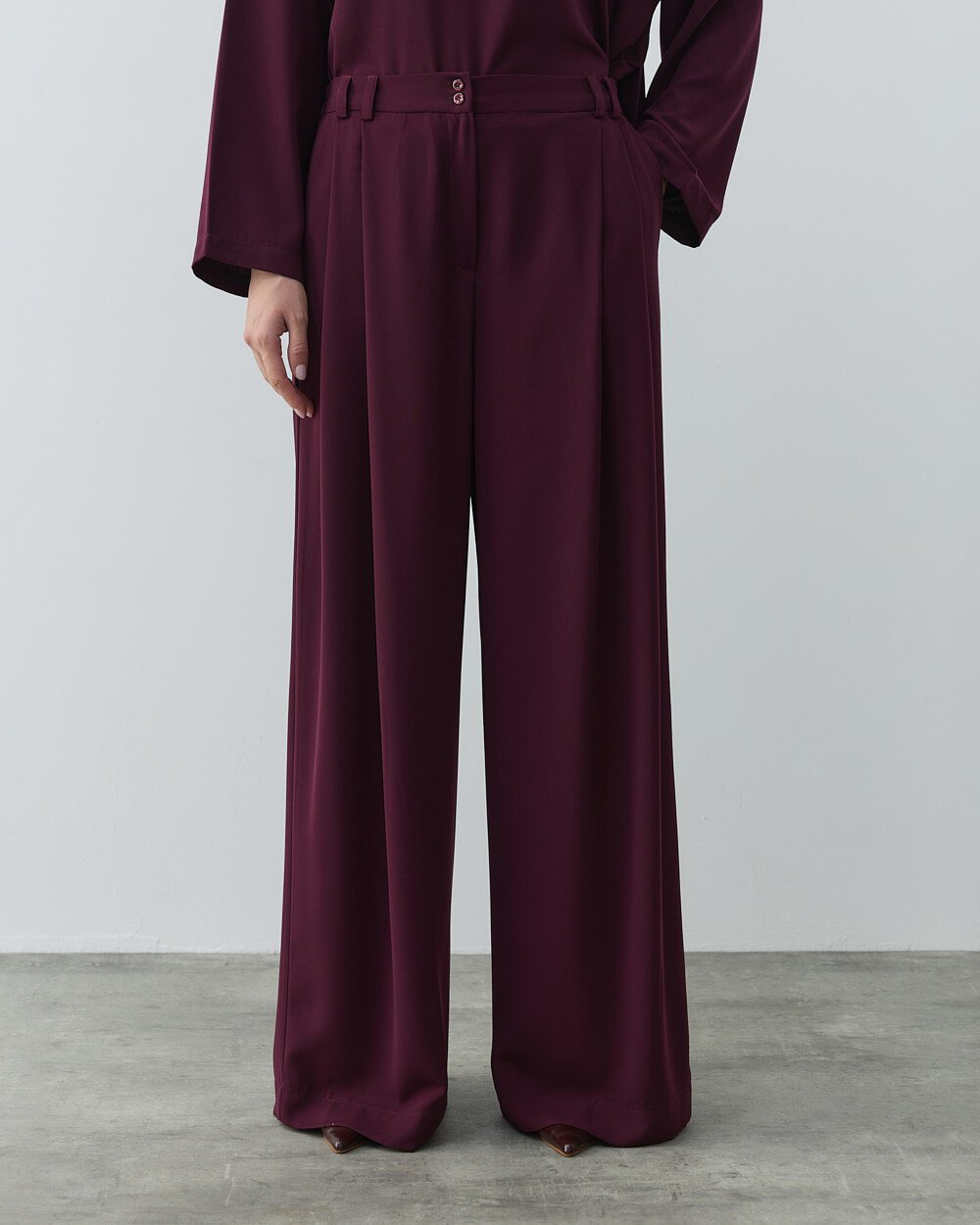 Krep Çift Pileli Palazzo Pantolon Mürdüm - 