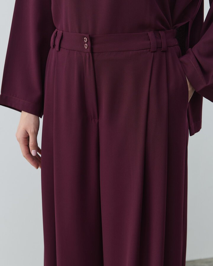 Krep Çift Pileli Palazzo Pantolon Mürdüm - (1)