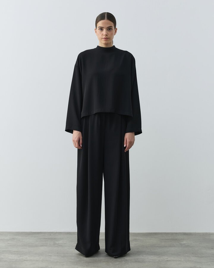 Krep Çift Pileli Palazzo Pantolon Siyah - (1)