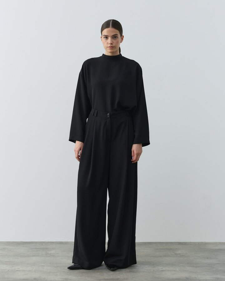 Krep Çift Pileli Palazzo Pantolon Siyah - (1)