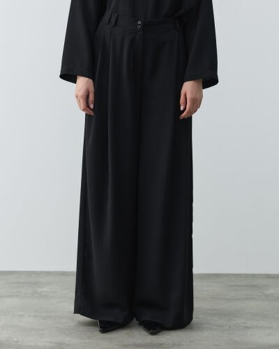 Krep Çift Pileli Palazzo Pantolon Siyah 